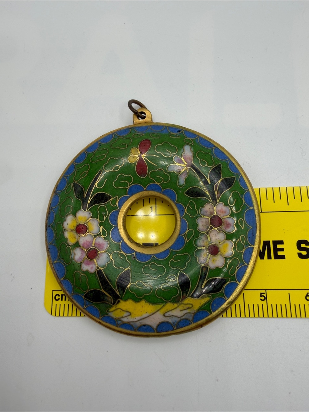 Vtg Cloisonne Bi Disc Enamel Pendant Floral Medallion - Picture 3 of 3
